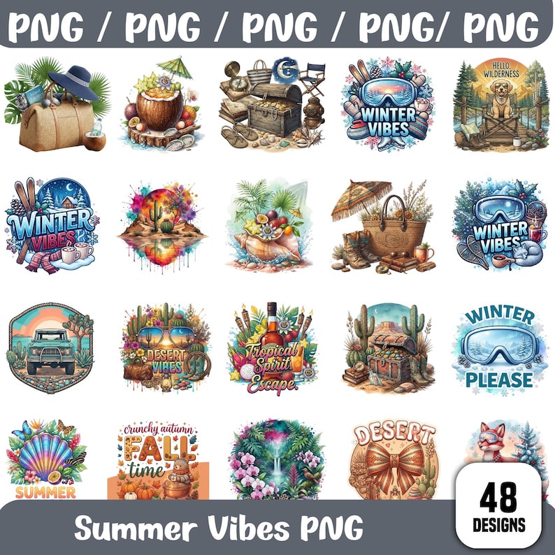Summer Vibes PNG Bundle, Tropical Beach Clipart, Retro Beach Sublimation, Summer Vacation Graphics image 1