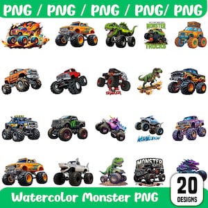 May include: A collection of 20 watercolor monster truck designs in various colors and styles. The trucks feature flames, dinosaurs, and other monster-themed graphics. Text includes "Monster Trucks" and "Watercolor Monster PNG".