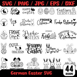 Puede incluir: Una colección de 44 diseños SVG de Pascua alemanes en negro. Los diseños incluyen huevos de Pascua, conejitos y varias frases de texto como "Felices Pascuas" y "Frohe Ostern". Los formatos de archivo son SVG, PNG, JPG, EPS y DXF.