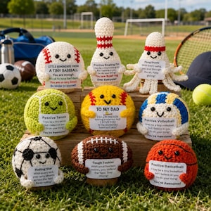Puede incluir: Una colección de ocho juguetes de peluche tejidos a ganchillo con temática deportiva, incluyendo una pelota de béisbol, un bolo, un volante, una pelota de tenis, sóftbol, voleibol, fútbol, fútbol americano y baloncesto, con tarjetas de texto.