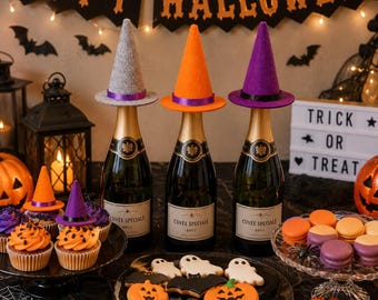 Mini Felt Witch Hats for Halloween Decor | Set of 6/12 Spooky Bottle Toppers, Artisan Gothic Table Centerpiece, Minimalist Party Favors