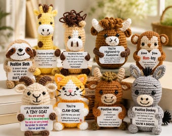 Personalized Positive Animal Gift, Emotional Support Crochet Highland Cow Sloth Giraffe,Custom Message Card, Encouragement Gift for Coworker