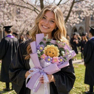 Ramo de graduación de ganchillo con girasol y muñeca, regalo para la promoción de 2026, tarjeta personalizada con máquina de escribir, flor de felicitación artesanal para graduados.