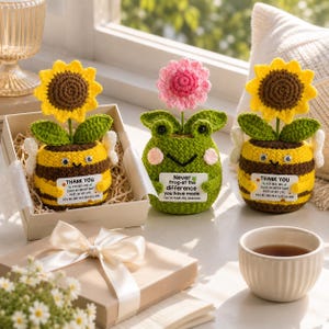 May include: Handmade crochet flower pots in the shape of a bee and a frog, and a sunflower. The bee pots are yellow and black with a sunflower on top. The frog pot is green with a pink flower. Each pot has a message.