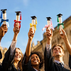 Può includere: Un gruppo di laureati in toga nera alza diplomi con nastri e nappe colorate. I diplomi hanno cappelli neri con nappe blu, rosse, gialle, rosa e verdi. I laureati sorridono con uno sfondo di cielo blu.