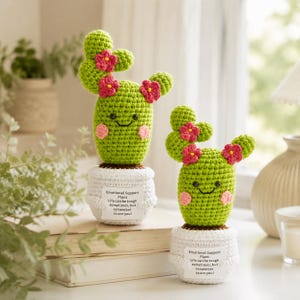 May include: Two crocheted green cactus figures in white pots. Each cactus has pink flowers, a smiling face, and a white tag reading: Emotional Support Plant, Life can be tough sometimes, but remember so are you!