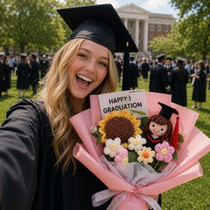Personalized Graduation Gift for Her - Handmade Crochet Bouquet with Graduate Girl Doll & Sunflower - Unique Daughter Class of 2026 Keepsake