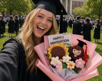 Personalized Graduation Gift for Her - Handmade Crochet Bouquet with Graduate Girl Doll & Sunflower - Unique Daughter Class of 2026 Keepsake