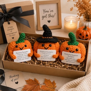 May include: Three crocheted orange pumpkins with green stems and black eyes, each holding a white card with text. One pumpkin wears a black witch hat. The cards read: Positive Pumpkin I may be a tiny pumpkin, but I believe in you. Go do your thing!