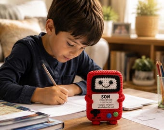 Personalized Study Buddy Gamer Gift,Emotional Support Crochet Game Console,Custom Encouragement Card for Son,Handmade Amigurumi Desk Decor
