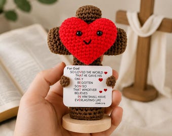 Personalized Bible Study Cross, Handmade Crochet Heart Cross Desk Pet, John 3:16 Motivational Christian Decor, Faith Gift for Her Him