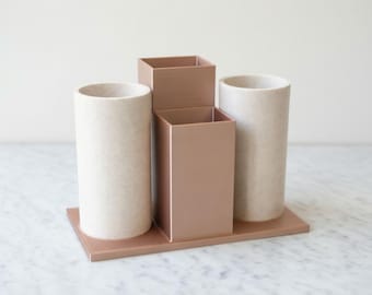 Makeup Brush Holder Rose Gold Marble | 3D Printed Vanity Desk Organizer Set