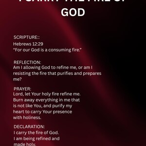 Puede incluir: Gráfico vertical con un fondo degradado rojo oscuro. El texto "I CARRY THE FIRE OF GOD" está en la parte superior. Debajo, el texto incluye Escritura de Hebreos 12:29, una reflexión, una oración y una declaración.