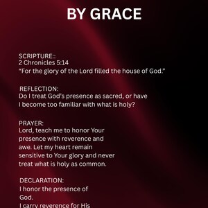 May include: A graphic with the text "I AM SUSTAINED BY GRACE" in white letters on a dark red background. The image includes scripture, reflection, prayer, and declaration sections with related text.