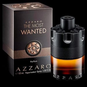 May include: A black and bronze perfume bottle and box set. The box reads "AZZARO THE MOST WANTED" with a bronze emblem. The bottle is black with a textured grip and a bronze-colored liquid inside. The bottle is 3.38 fl oz (100 ml).