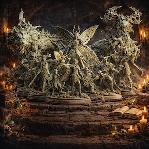 Könnte beinhalten: Eine detaillierte Fantasy-Szene mit mehreren aufwendig geformten Figuren und Kreaturen. Die Figuren sind auf einer mehrstufigen Plattform angeordnet, wobei ein Drache, ein mottenartiges Wesen und eine hirschartige Kreatur den Hintergrund dominieren. Kerzen und ein Buch tragen zur mystischen Atmosphäre bei.