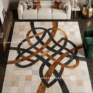 Tapis patchwork en cuir fait main, tapis géométrique abstrait entrelacé, tapis en peau de vache marron, noir et crème, tapis de luxe moderne