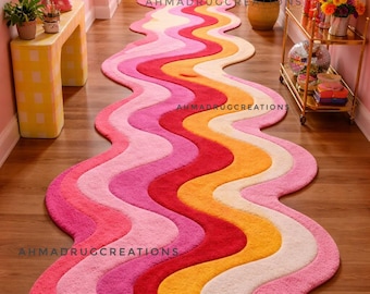 Pink Wavy Runner Rug, Abstract Hallway Carpet, Retro Tufted Wave Design