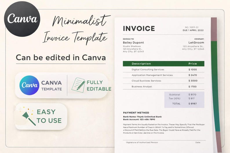 Editable Invoice Template Canva, Printable PDF, Small Business Billing ...