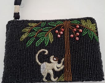 Hand-Beaded Monkey Climbing a Coconut Tree Clutch/Coin Purse