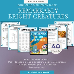 Könnte beinhalten: Ein 40-seitiger PDF-Download als Diskussionsleitfaden für den Buchclub zu Remarkably Bright Creatures von Shelby Van Pelt. Das Set enthält ein Kreuzworträtsel, ein Suchrätsel, Diskussionsfragen, Rezepte und eine Malvorlage. Buch nicht enthalten.