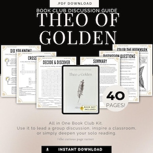 May include: A 40-page PDF book club discussion guide for the novel Theo of Golden by Allen Levi. The kit includes printable pages featuring a crossword, decode and discover puzzle, discussion questions, and a color the bookmark activity.