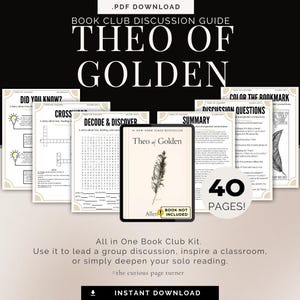 May include: A book club discussion guide titled "Theo of Golden" with various worksheets, including a crossword and discussion questions. The guide includes 40 pages and is available as an instant PDF download.