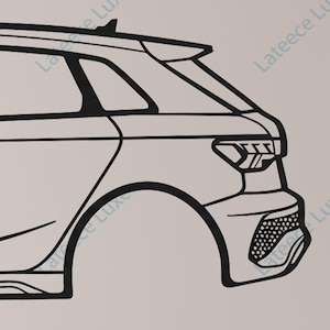 May include: Black and white line drawing of a modern hatchback car. The illustration shows the side profile, highlighting the car's body, wheels, windows, and distinctive front and rear details. The design includes a spoiler and a honeycomb grille.