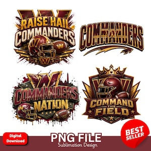 May include: Four graphic designs featuring the Washington Commanders football team branding in burgundy and gold. Elements include football helmets, footballs, the team name, and phrases like Raise Hail Commanders, Commanders Nation, and Command the Field.
