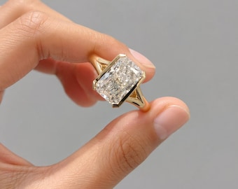 Anillo de compromiso de moissanita talla radiante de 3 quilates / Anillo unisex de oro amarillo de 14 quilates