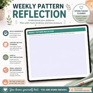 May include: A digital planner page titled Weekly Pattern Reflection displayed on a tablet screen. The layout includes a large blank space for notes, surrounded by text explaining the planner's purpose, benefits, and download options.