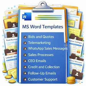 May include: A digital illustration of a clipboard with the text "MS Word Templates" and a list of business document categories. The categories include Bids and Quotes, Telemarketing, and Customer Support. The image has a blue and yellow color scheme.