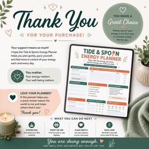 May include: A digital Tide & Spoon Energy Planner displayed on a tablet screen, featuring sections for spoon counts, energy budgets, priorities, and pacing reminders, surrounded by thank you text and instructions for downloading and printing.
