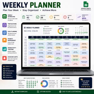 Pode incluir: Um modelo de planejador semanal digital exibido na tela de um laptop, apresentando um cronograma codificado por cores, rastreamento de tarefas, m&eacute;tricas de produtividade, um rastreador de h&aacute;bitos e gr&aacute;ficos de aloca&ccedil;&atilde;o de tempo.