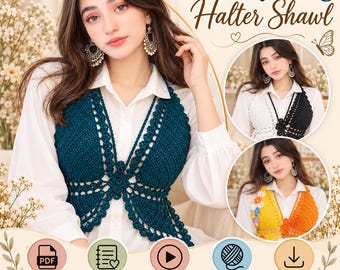 May include: A dark teal crochet butterfly wing halter shawl worn over a white collared shirt. The text Butterfly Wing Halter Shawl is visible. Smaller circular insets show the shawl in black and white, and yellow and orange colorways.