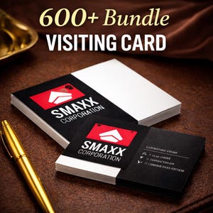 Pode incluir: Um conjunto de cartões de visita com o texto "600+ Bundle VISITING CARD" no topo. Os cartões têm um design a preto e branco com o logótipo "SMAXX CORPORATION" em branco sobre um fundo vermelho. Uma caneta dourada está em primeiro plano.