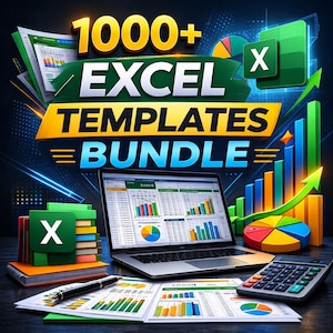 Puede incluir: Imagen que promociona un paquete de plantillas de Excel. La imagen presenta un portátil que muestra gráficos, pilas de archivos de Excel, una calculadora y gráficos impresos. El texto dice "1000+ Excel Templates Bundle" en amarillo y verde.