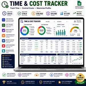 Pode incluir: Uma tela de computador port&aacute;til exibindo um painel de controle de rastreamento de tempo e custos com v&aacute;rias visualiza&ccedil;&otilde;es de dados, incluindo gr&aacute;ficos de pizza, barras e uma tabela detalhada de projetos, receitas e lucros.