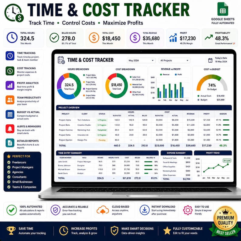 Pode incluir: Uma tela de computador port&aacute;til exibindo um painel de controle de rastreamento de tempo e custos com v&aacute;rias visualiza&ccedil;&otilde;es de dados, incluindo gr&aacute;ficos de pizza, barras e uma tabela detalhada de projetos, receitas e lucros.