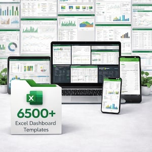 Puede incluir: Una pantalla digital de plantillas de panel de control de Excel en una computadora port&aacute;til, tableta y tel&eacute;fono inteligente. La imagen presenta una carpeta blanca con el logotipo de Excel y el texto "6500+ Excel Dashboard Templates". El fondo muestra varios gr&aacute;ficos.