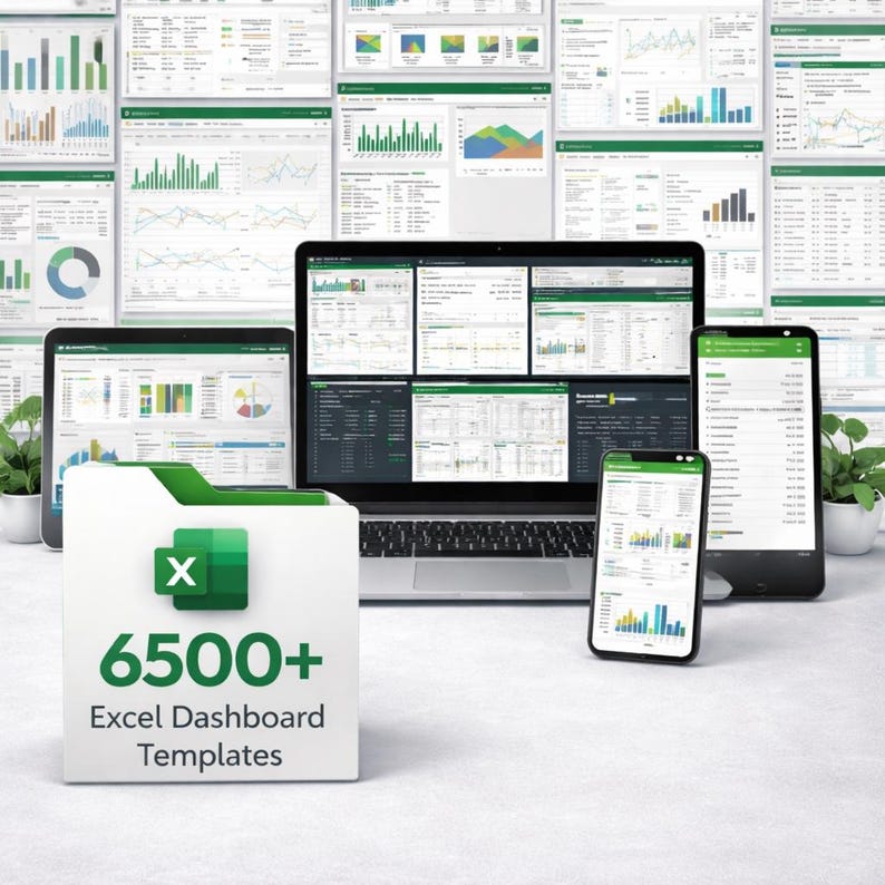 Puede incluir: Una pantalla digital de plantillas de panel de control de Excel en una computadora port&aacute;til, tableta y tel&eacute;fono inteligente. La imagen presenta una carpeta blanca con el logotipo de Excel y el texto "6500+ Excel Dashboard Templates". El fondo muestra varios gr&aacute;ficos.