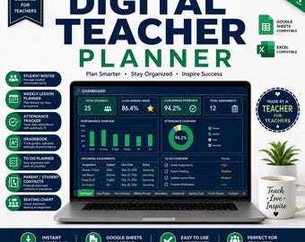 Planificador para profesores / Planificador digital para profesores / Organizador de aula / Planificador de lecciones / Registro de calificaciones / Plantilla de Google Sheets