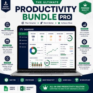 Può includere: Uno schermo di computer portatile che mostra la dashboard di The Ultimate Productivity Bundle Pro con vari grafici, tracker delle attività e panoramiche di budget. L'interfaccia include sezioni per la gestione dei progetti in verde e bianco.