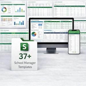 Puede incluir: Un monitor de ordenador y un smartphone muestran plantillas de gestión escolar con gráficos y tablas de datos. Una carpeta blanca con el texto "S" y "37+ School Manager Templates" está en primer plano. La combinación de colores es verde y blanco.