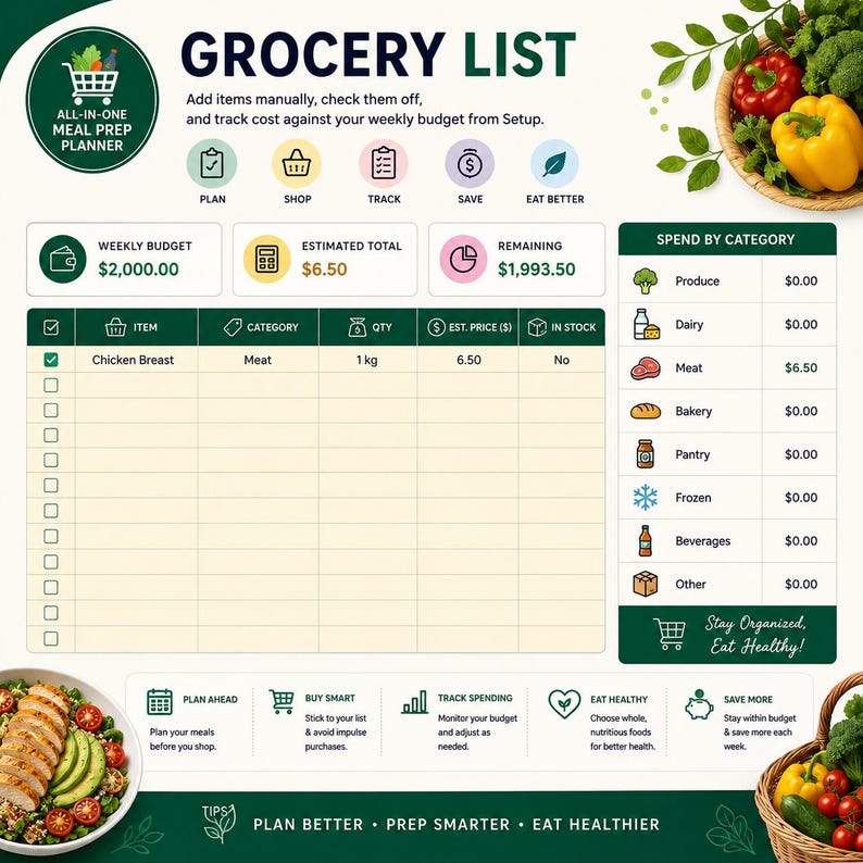 May include: A digital grocery list meal prep planner template featuring a table for items, categories, quantities, and prices. It includes a weekly budget tracker, a spend by category section, and icons for planning, shopping, and tracking expenses.