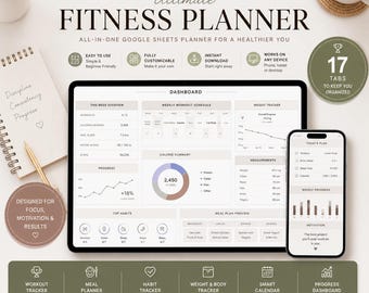 May include: A digital fitness planner displayed on a tablet and smartphone screen, featuring a dashboard with workout schedules, calorie summaries, weight trackers, and habit logs. The interface includes text labels like Ultimate Fitness Planner, Dashboard, and Today's Plan, organized with various charts and data points for tracking health progress.
