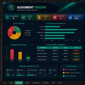 Puede incluir: Un panel digital de seguimiento de tareas con un tema oscuro y acentos verde azulado. Muestra métricas que incluyen el total de tareas, tasa de finalización, gráficos circulares de estado, barras de carga de trabajo y una tabla de tareas próximas.