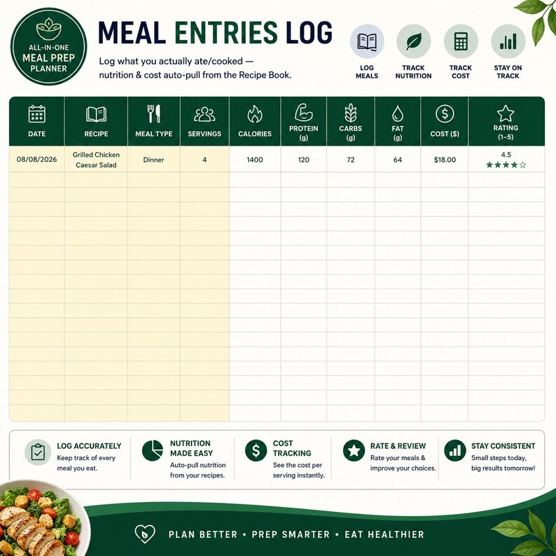 May include: A digital meal entries log planner with a dark green header and white grid. It features columns for date, recipe, meal type, servings, calories, protein, carbs, fat, cost, and rating. Includes icons for tracking nutrition and costs.