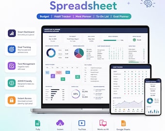 May include: A digital ADHD Life Planner Spreadsheet displayed on a laptop, tablet, and phone. The interface includes sections for budget, habit tracking, meal planning, to-do lists, and goal planning. The design is clean with a teal and purple color scheme.