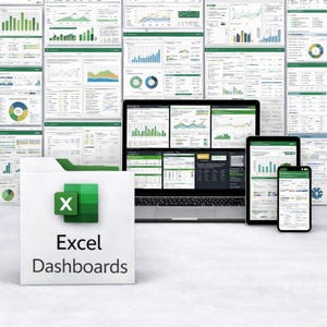 Puede incluir: Una exhibici&oacute;n de paneles de control de Excel en varios dispositivos, incluyendo un port&aacute;til, una tableta y un smartphone. El fondo presenta m&uacute;ltiples hojas de c&aacute;lculo con gr&aacute;ficos. Una carpeta blanca con el logotipo de Excel y las palabras "Excel Dashboards" est&aacute; en primer plano.